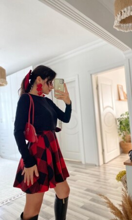 Kadın Uzun Kollu Bisiklet Yaka üst Viskon Alt Ekose Kısa Elbise - 3
