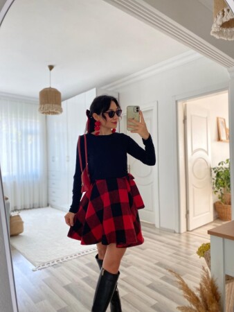 Kadın Uzun Kollu Bisiklet Yaka üst Viskon Alt Ekose Kısa Elbise - 5