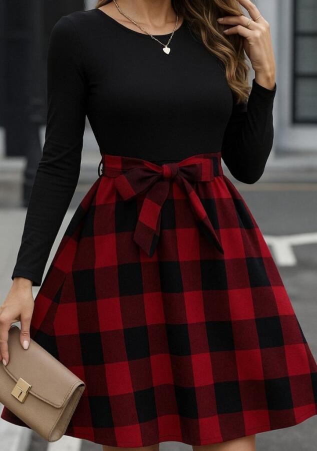 Kadın Uzun Kollu Bisiklet Yaka üst Viskon Alt Ekose Kısa Elbise - 2