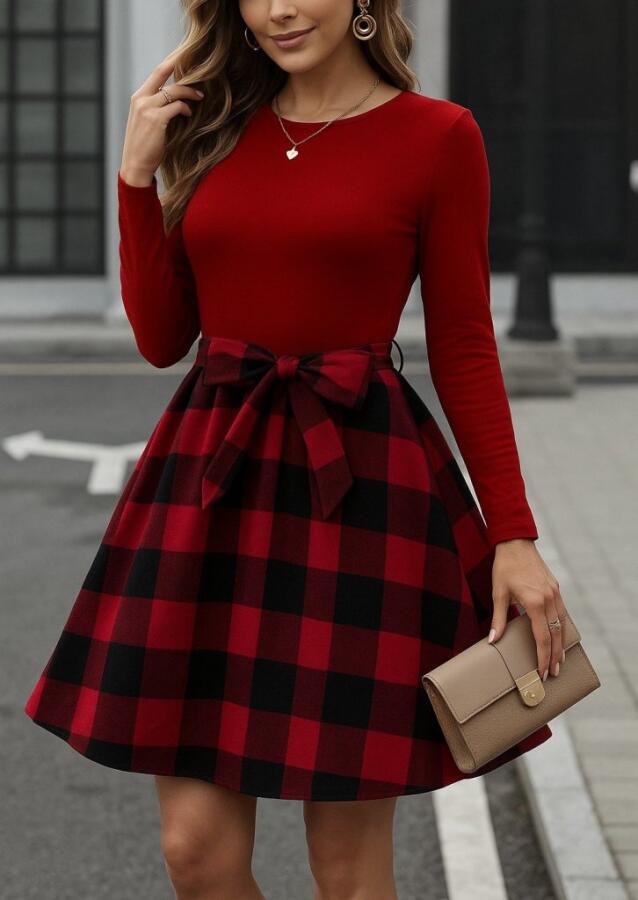 Kadın Uzun Kollu Bisiklet Yaka üst Viskon Alt Ekose Kısa Elbise - 1