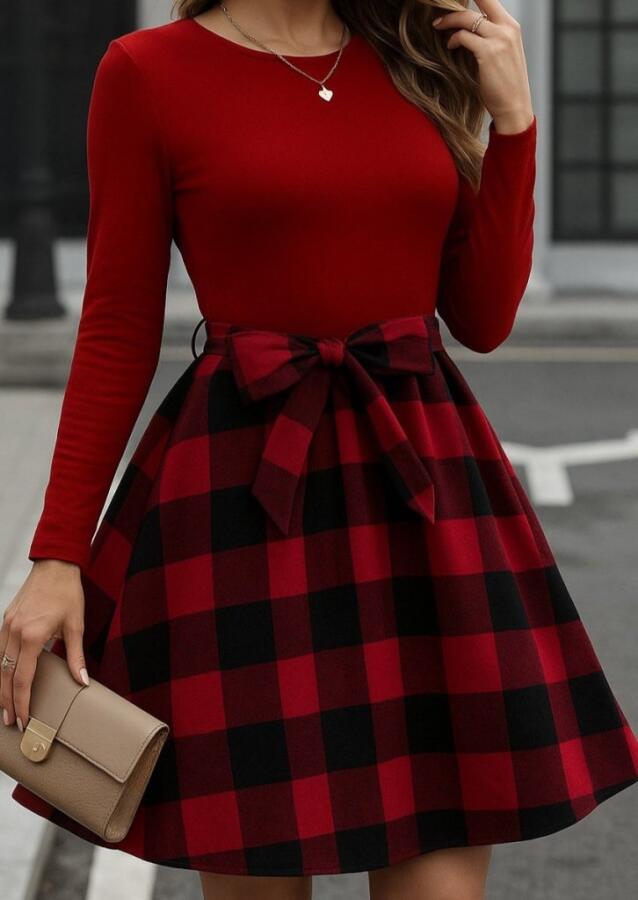 Kadın Uzun Kollu Bisiklet Yaka üst Viskon Alt Ekose Kısa Elbise - 2