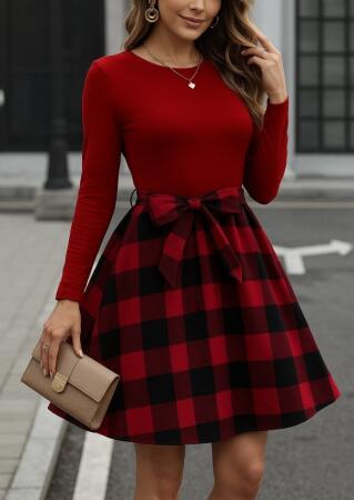 Kadın Uzun Kollu Bisiklet Yaka üst Viskon Alt Ekose Kısa Elbise - 3