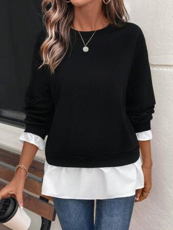 Kadın Uzun Kollu Bisiklet Yaka Viskon Iki Iplik Ve Etek Ucu Trikoton Bluz - ANGELINO BuyukBedeniz