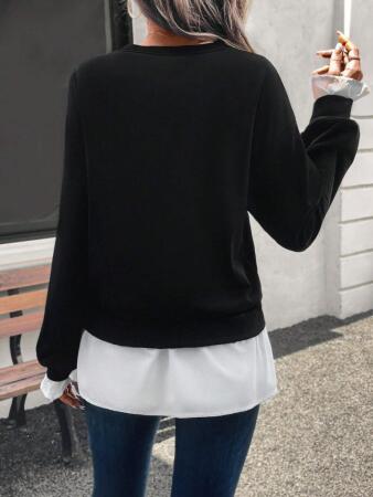 Kadın Uzun Kollu Bisiklet Yaka Viskon Iki Iplik Ve Etek Ucu Trikoton Bluz - 5