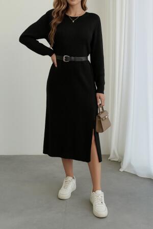 Kadın Uzun Kollu Bisiklet Yaka Yandan Yırtmaçlı Midi Triko Elbise - ANGELINO BuyukBedeniz