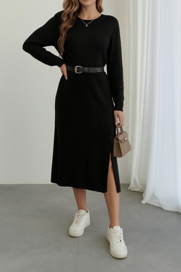 Kadın Uzun Kollu Bisiklet Yaka Yandan Yırtmaçlı Midi Triko Elbise - 1