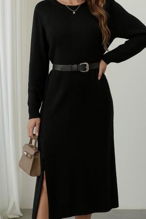 Kadın Uzun Kollu Bisiklet Yaka Yandan Yırtmaçlı Midi Triko Elbise - ANGELINO BuyukBedeniz (1)