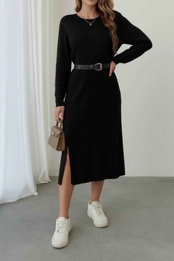 Kadın Uzun Kollu Bisiklet Yaka Yandan Yırtmaçlı Midi Triko Elbise - 3