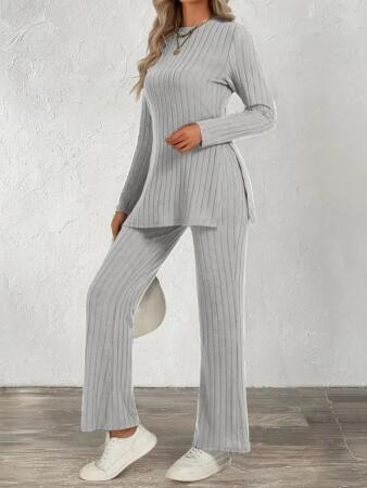 Kadın Uzun Kollu Bisiklet Yaka Yandan Yırtmaçlı şardonlu Kaşkorse Bluz Ve Pantolon Ikili Takım - 1