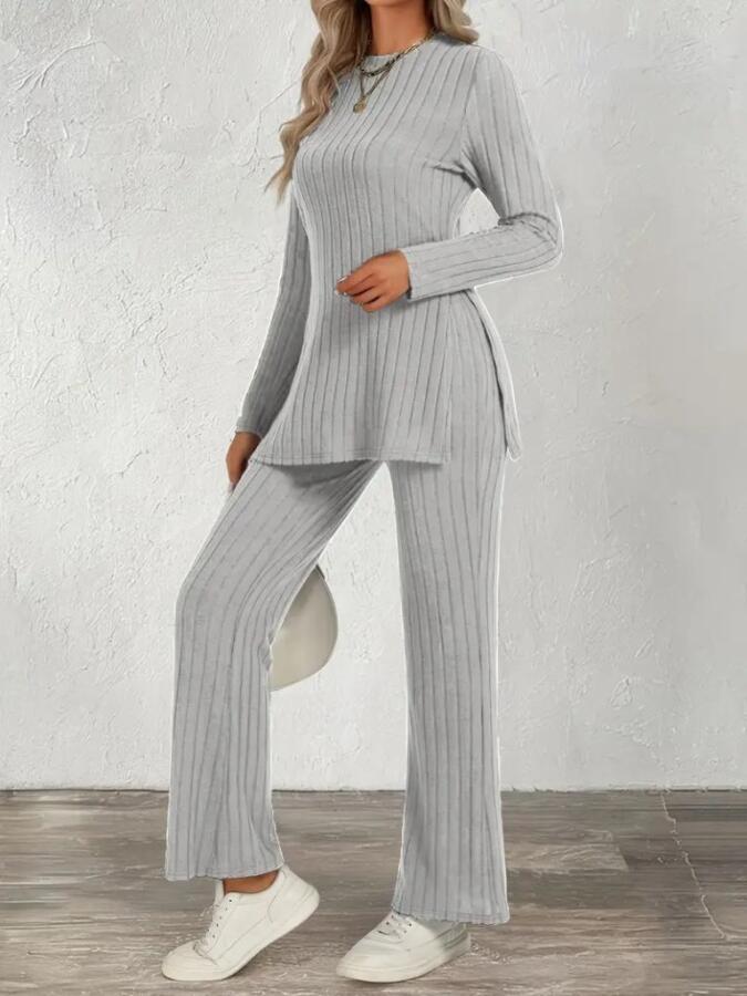 Kadın Uzun Kollu Bisiklet Yaka Yandan Yırtmaçlı şardonlu Kaşkorse Bluz Ve Pantolon Ikili Takım - 1