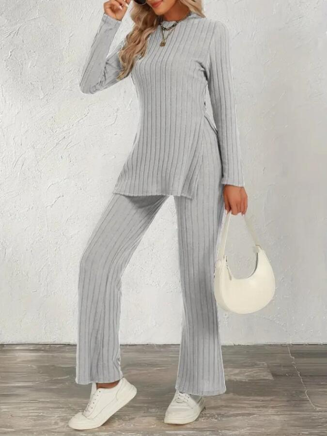 Kadın Uzun Kollu Bisiklet Yaka Yandan Yırtmaçlı şardonlu Kaşkorse Bluz Ve Pantolon Ikili Takım - 4