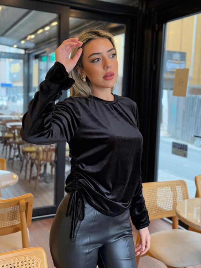 Kadın Uzun Kollu Bisiklet Yaka Yanları Ve Kolları Büzgülü Kadife Bluz - 4
