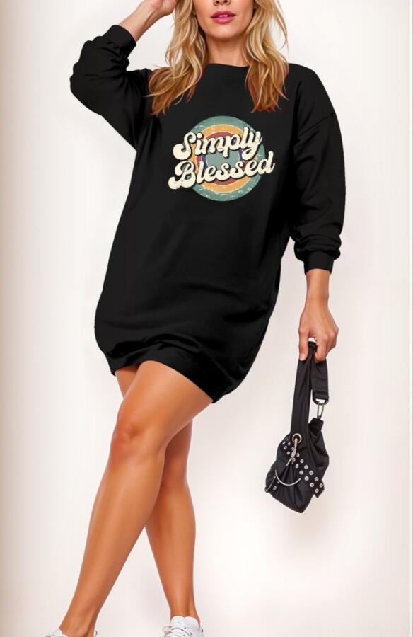 Kadın Uzun Kollu Bisiklet Yaka Yazılı Viskon Iki Iplik Elbise - 1