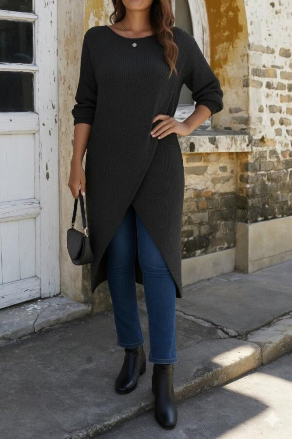 Kadın Uzun Kollu Bisiklet Yakalı önden çapraz Kesim Detaylı Midi Triko Elbise - 1