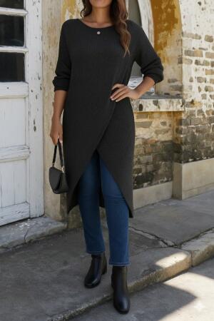 Kadın Uzun Kollu Bisiklet Yakalı önden çapraz Kesim Detaylı Midi Triko Elbise - ANGELINO BuyukBedeniz