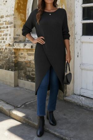 Kadın Uzun Kollu Bisiklet Yakalı önden çapraz Kesim Detaylı Midi Triko Elbise - 3