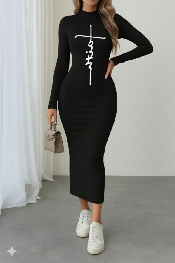 Kadın Uzun Kollu Boğazlı Baskı Detaylı Viskon Tam Boy Elbise - 3