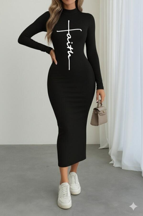 Kadın Uzun Kollu Boğazlı Baskı Detaylı Viskon Tam Boy Elbise - 1