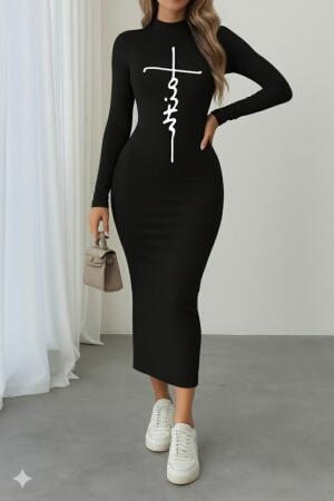 Kadın Uzun Kollu Boğazlı Baskı Detaylı Viskon Tam Boy Elbise - 3