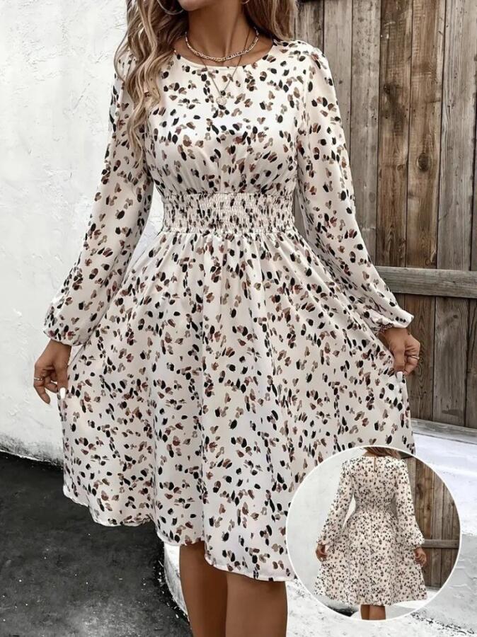 Kadın Uzun Kollu Bot Yaka Beli Lastikli Midi Süprem Elbise - 1