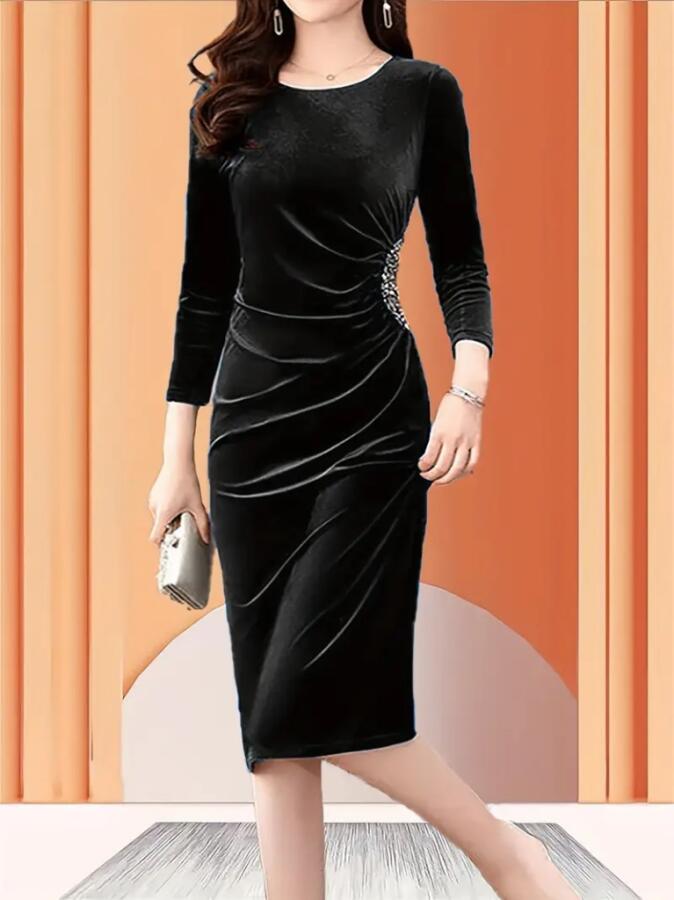 Kadın Uzun Kollu Bot Yaka Yanı Taş Detaylı Midi Kadife Elbise - 2