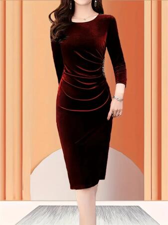 Kadın Uzun Kollu Bot Yaka Yanı Taş Detaylı Midi Kadife Elbise - 3