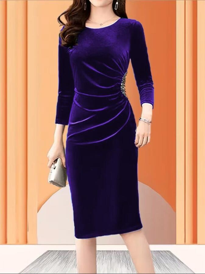 Kadın Uzun Kollu Bot Yaka Yanı Taş Detaylı Midi Kadife Elbise - 3