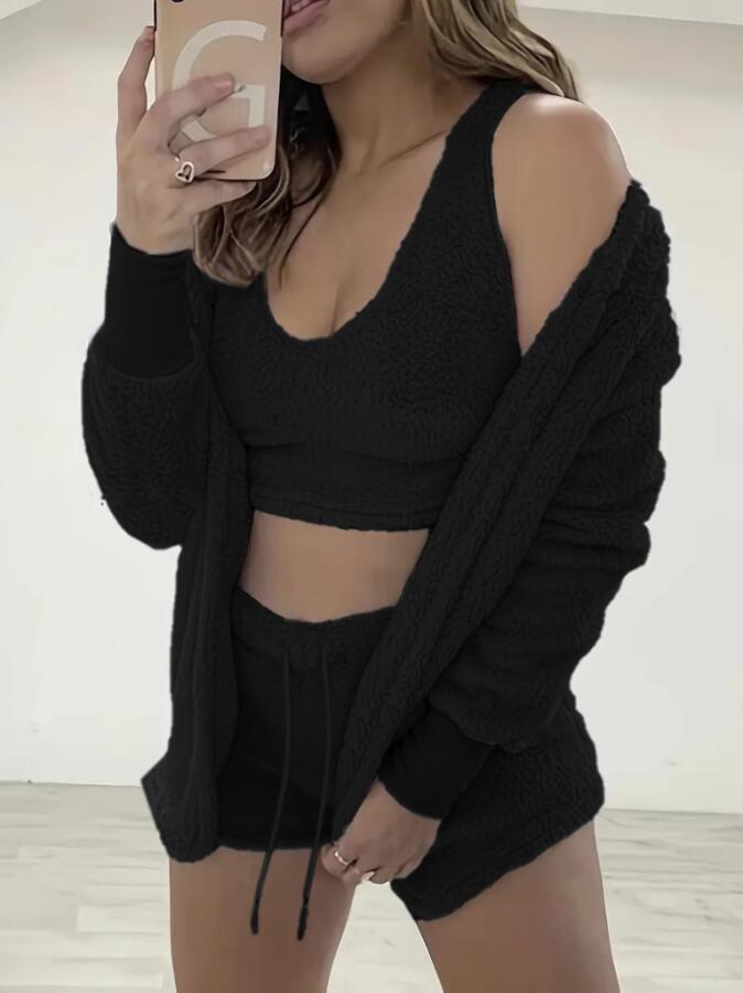 Kadın Uzun Kollu Ceket, Askılı Peluş Bluz Ve şort üçlü Takım - 3