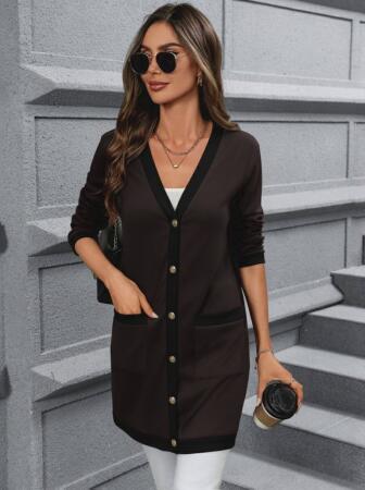 Kadın Uzun Kollu Cepli önden Düğmeli Uzun Modal Ceket - ANGELINO BuyukBedeniz