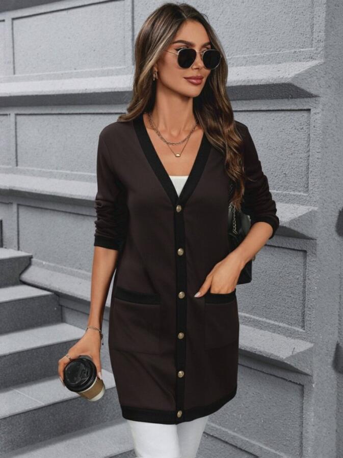 Kadın Uzun Kollu Cepli önden Düğmeli Uzun Modal Ceket - 4