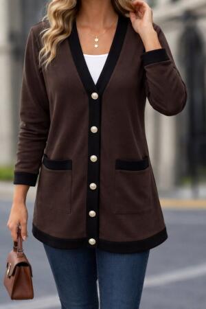 Kadın Uzun Kollu Cepli önden Düğmeli Uzun Modal Ceket - ANGELINO BuyukBedeniz