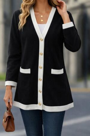 Kadın Uzun Kollu Cepli önden Düğmeli Uzun Modal Ceket - ANGELINO BuyukBedeniz