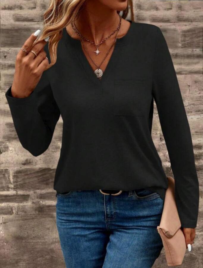 Kadın Uzun Kollu Cepli V Yakalı Viskon Iki Iplik Bluz - 3