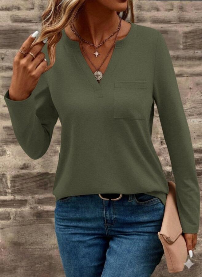 Kadın Uzun Kollu Cepli V Yakalı Viskon Iki Iplik Bluz - 2