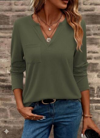 Kadın Uzun Kollu Cepli V Yakalı Viskon Iki Iplik Bluz - 3