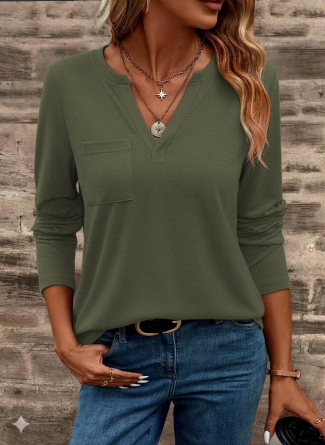 Kadın Uzun Kollu Cepli V Yakalı Viskon Iki Iplik Bluz - 3