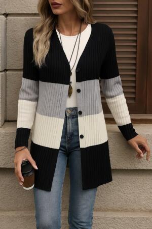 Kadın Uzun Kollu çok Renkli önden Düğmeli Uzun Ceket - ANGELINO BuyukBedeniz