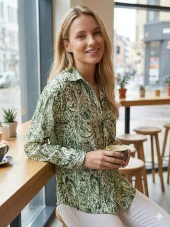 Kadın Uzun Kollu Dalgalı Desen Baskılı Gömlek - 2