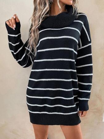 Kadın Uzun Kollu Degaje Yaka çizgili Sonya Iplik Mini Boy Triko Elbise (kemersiz) - 2