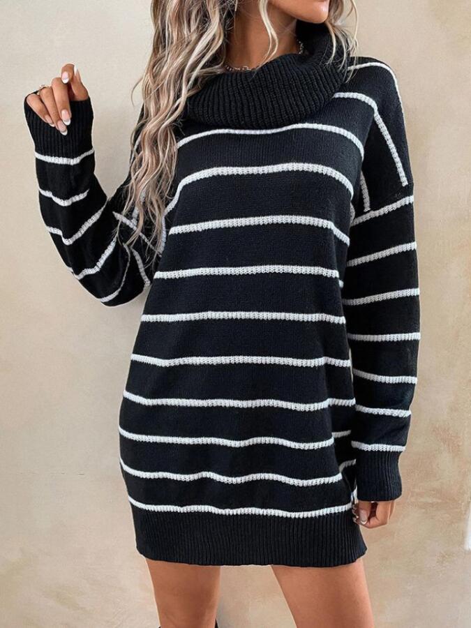 Kadın Uzun Kollu Degaje Yaka çizgili Sonya Iplik Mini Boy Triko Elbise (kemersiz) - 2