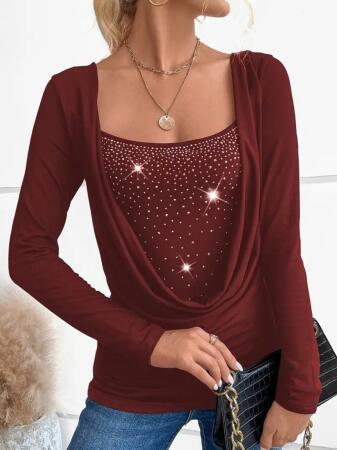 Kadın Uzun Kollu Derin Degaje Yakalı Taşlı Sandy Bluz - ANGELINO BuyukBedeniz