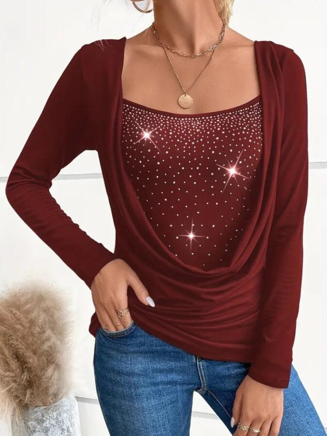 Kadın Uzun Kollu Derin Degaje Yakalı Taşlı Sandy Bluz - 3