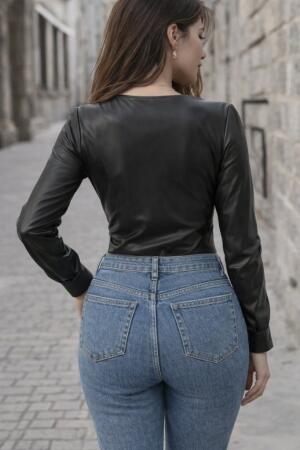 Kadın Uzun Kollu Derin V Yakalı Deri Zıbın - 3