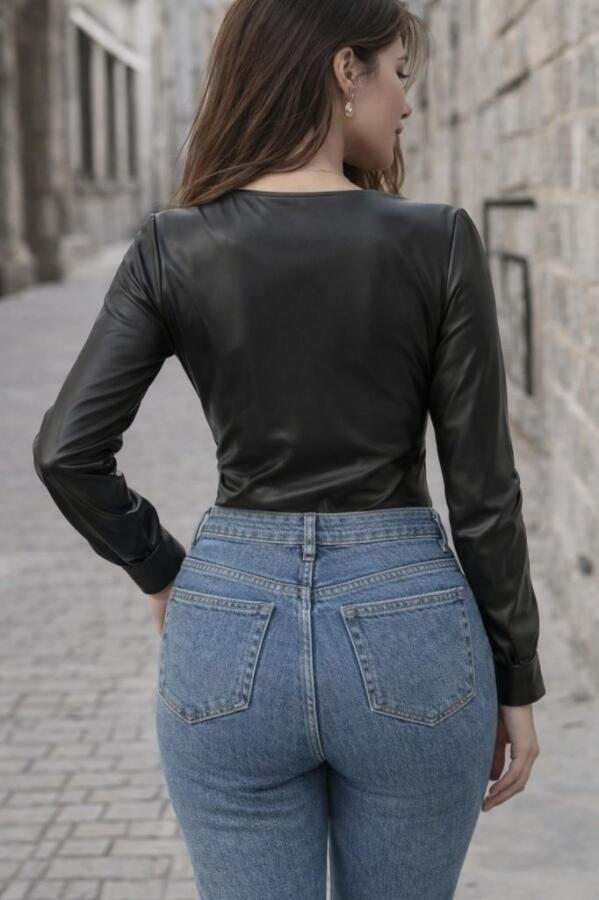 Kadın Uzun Kollu Derin V Yakalı Deri Zıbın - 3