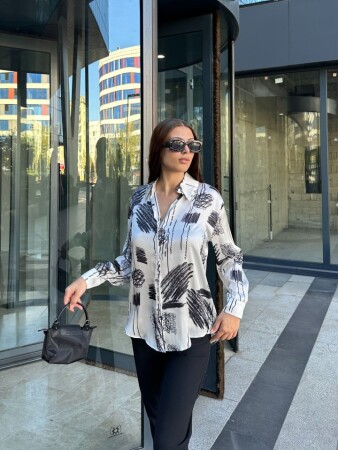 Kadın Uzun Kollu Dijital Baskılı Salaş Saten Gömlek - ANGELINO BuyukBedeniz