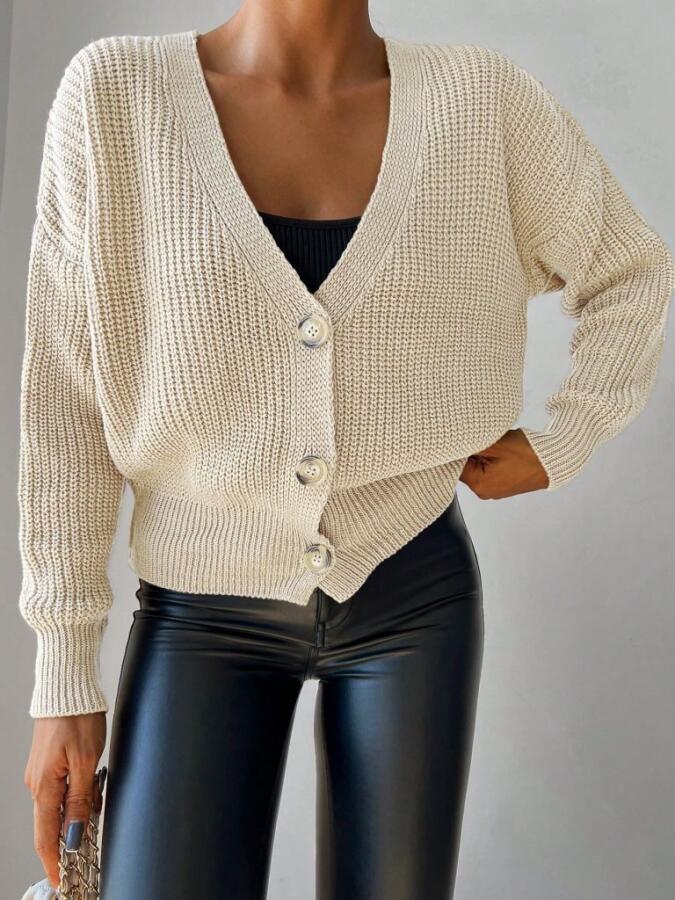 Kadın Uzun Kollu Düğme Detay Triko Bluz - 1