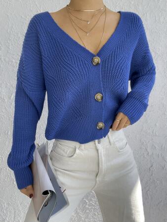 Kadın Uzun Kollu Düğme Detay Triko Hırka - 5