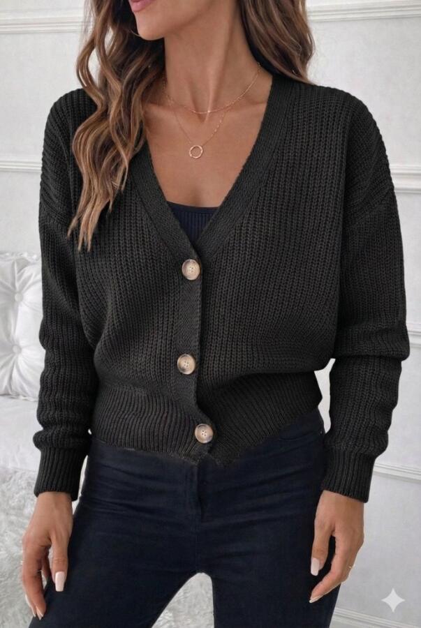 Kadın Uzun Kollu Düğme Detay Triko Hırka - 1