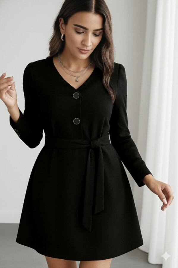 Kadın Uzun Kollu Düğme Detaylı Kendinden Kemerli Ithal Krep Elbise - 1