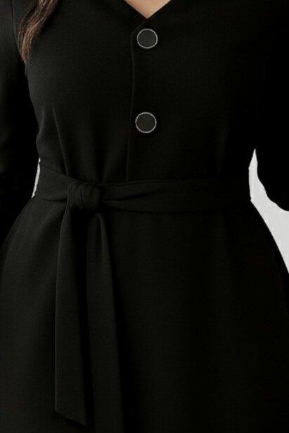 Kadın Uzun Kollu Düğme Detaylı Kendinden Kemerli Ithal Krep Elbise - 2